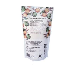 Back: Blenheim Apricot Scone Mix ingredients and instructions. Lists ingredients and provides step-by-step baking directions for Blenheim apricot scones. Net weight and yield information are also included.
