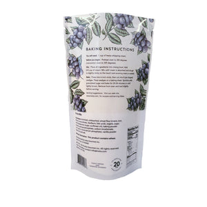 Front: iveta Blueberry Scone Mix. A bag of dry ingredients for making delicious, juicy blueberry scones. Dried blueberries are visible in the mix. "Easy to Bake" and "Handcrafted in Santa Cruz, California" are also on the bag.
