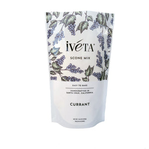 Front: iveta Currant Scone Mix. A bag of dry ingredients for making classic currant scones. Small, dark currants are visible in the mix. "Easy to Bake" and "Handcrafted in Santa Cruz, California" are also on the bag.
