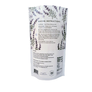 Back: iveta Lavender Scone Mix ingredients and instructions. Lists ingredients and provides step-by-step baking directions for lavender scones. Net weight and yield information are included.
