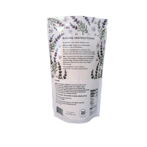 Back: iveta Lavender White Chocolate Scone Mix ingredients and instructions. Lists ingredients and provides step-by-step baking directions for lavender white chocolate scones. Net weight and yield information are included.
