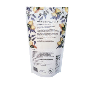 Back: iveta Lemon Currant Scone Mix ingredients and instructions. Lists ingredients and provides step-by-step baking directions for lemon currant scones. Net weight and yield information are included.
