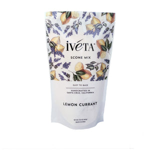 Front: iveta Lemon Currant Scone Mix. A bag of dry ingredients for making refreshing lemon currant scones. Currants and lemon zest are visible in the mix. "Easy to Bake" and "Handcrafted in Santa Cruz, California" are also on the bag.
