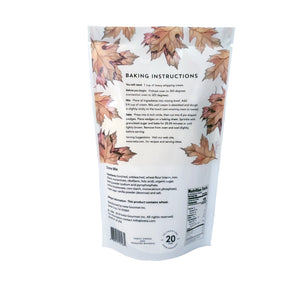 Back: iveta Maple Scone Mix ingredients and instructions. Lists ingredients and provides step-by-step baking directions for maple scones. Net weight and yield information are included.
