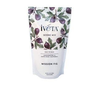 iveta Mission Fig Scone Mix. A bag of dry ingredients for making rich Mission Fig scones. The bag features the "iveta" logo, and states "Easy to Bake" and "Handcrafted in Santa Cruz, California."