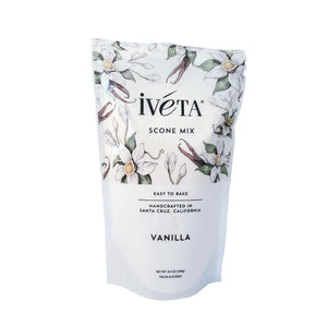 Front Image Alt Text: iveta Vanilla Scone Mix. A bag of dry ingredients for making classic vanilla scones. The bag features the "iveta" logo, and states "Easy to Bake" and "Handcrafted in Santa Cruz, California."

