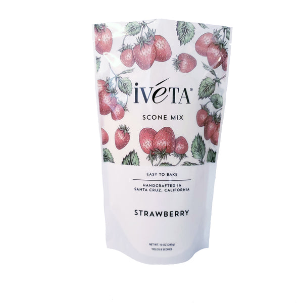 Front: iveta Strawberry Scone Mix. A bag of dry ingredients for making sweet and summery strawberry scones. Dried strawberries are visible in the mix. "Easy to Bake" and "Handcrafted in Santa Cruz, California" are also on the bag.
