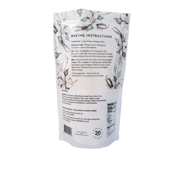 Back Image Alt Text: iveta Vanilla Scone Mix ingredients and instructions. Lists ingredients and provides step-by-step baking directions for vanilla scones. Net weight and yield information are also included.

